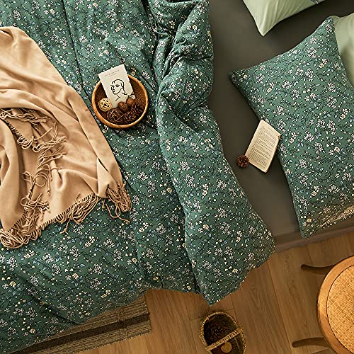 VM VOUGEMARKET Green Flower Duvet Cover Sets Queen Size,Jersey Cotton Bedding Set (1 Duvet Cover + 2 Pillow Shams) Chic Garden Style Girls And Boys Comforter Cover with Zipper Closure