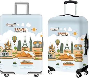 Suitcase Cover, Washable Polyester Fibre Elastic 22-25 Inches, Travel Suitcase Covers, Delicate Architectural Designs for Luggage, Trolley and Suitcase