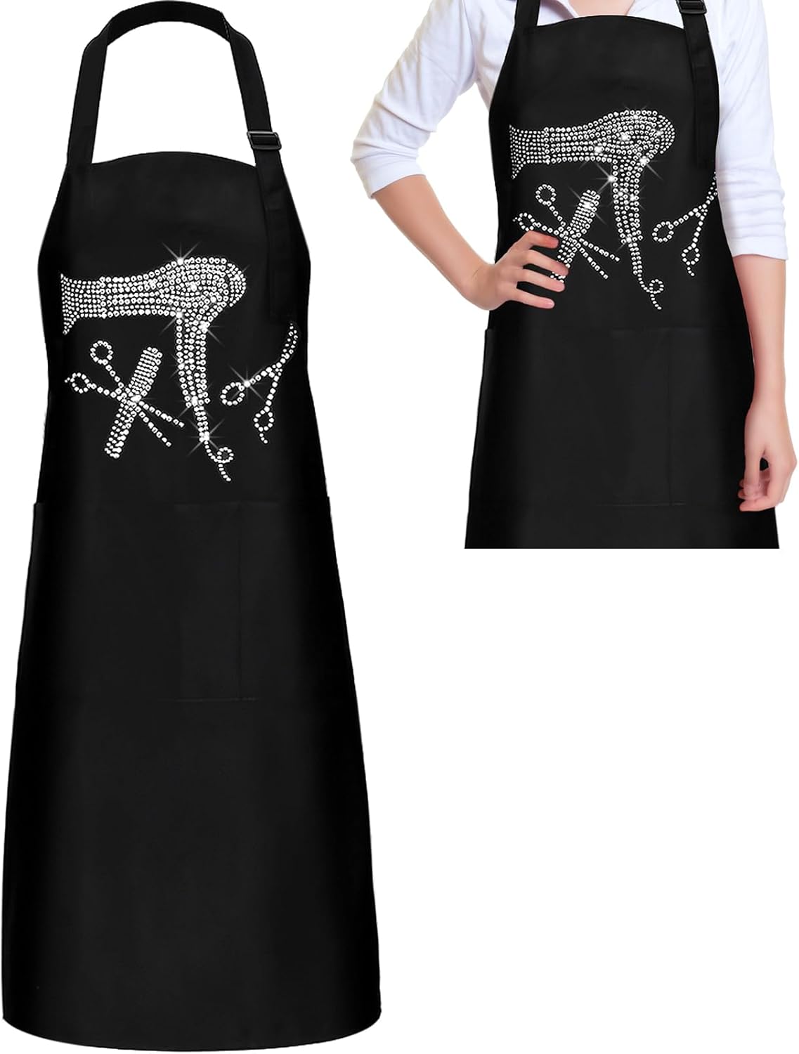Coume Hair Stylist Apron Hairstylist Salon Apron with Rhinestone Tools and 3 Pockets Hairdresser Barber Aprons(Simple)
