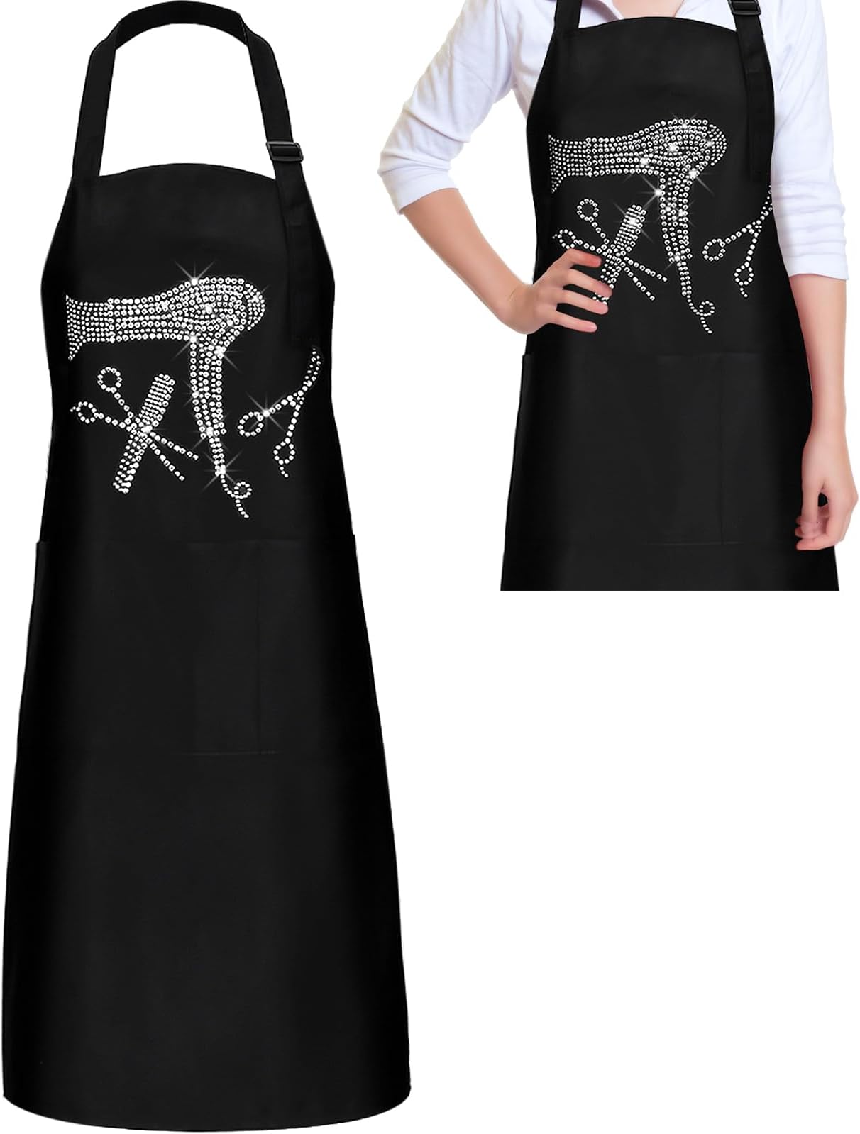 Coume Hair Stylist Apron Hairstylist Salon Apron with Rhinestone Tools and 3 Pockets Hairdresser Barber Aprons(Trendy)