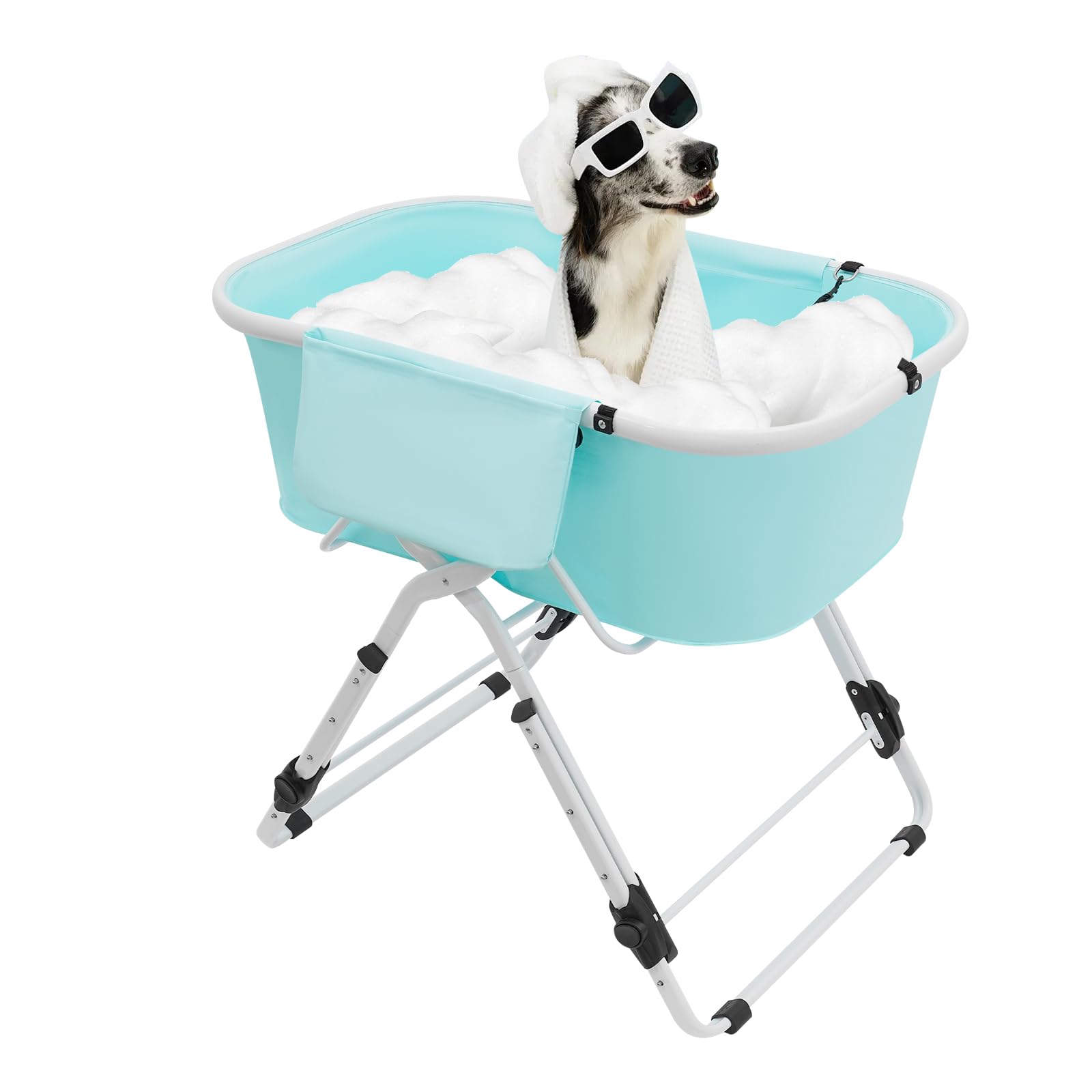 Hundebadewanne Faltbar mit Einstellbarer Höhe (70-100cm) für Zuhause und Tierpflege, Tragbare Badewanne für bis 68 kg kleine bis mittlere Hunde und Katzen Hundebad, mit Ablaufschlauch, Blau