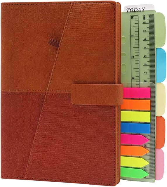 Refillable Notebook A5, Leather Padded Cover Personal Organizer with Card Slots & Pen Holder, 6 Ring Binder Journal Notepad for Office Travelers Students, Lined/Ruled, 80 Sheets (Burnt Orange)