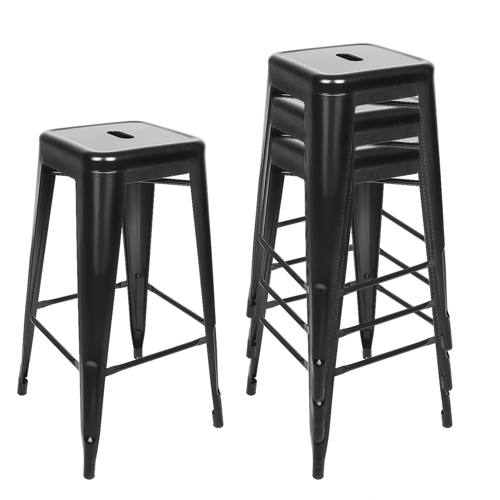 Baiyun Lot de 8 tabourets de bar en métal - En fer industriel - Empilables - Avec repose-pieds - Style rétro - Pour salle à manger, balcon, bistrot - 76 cm - Noir