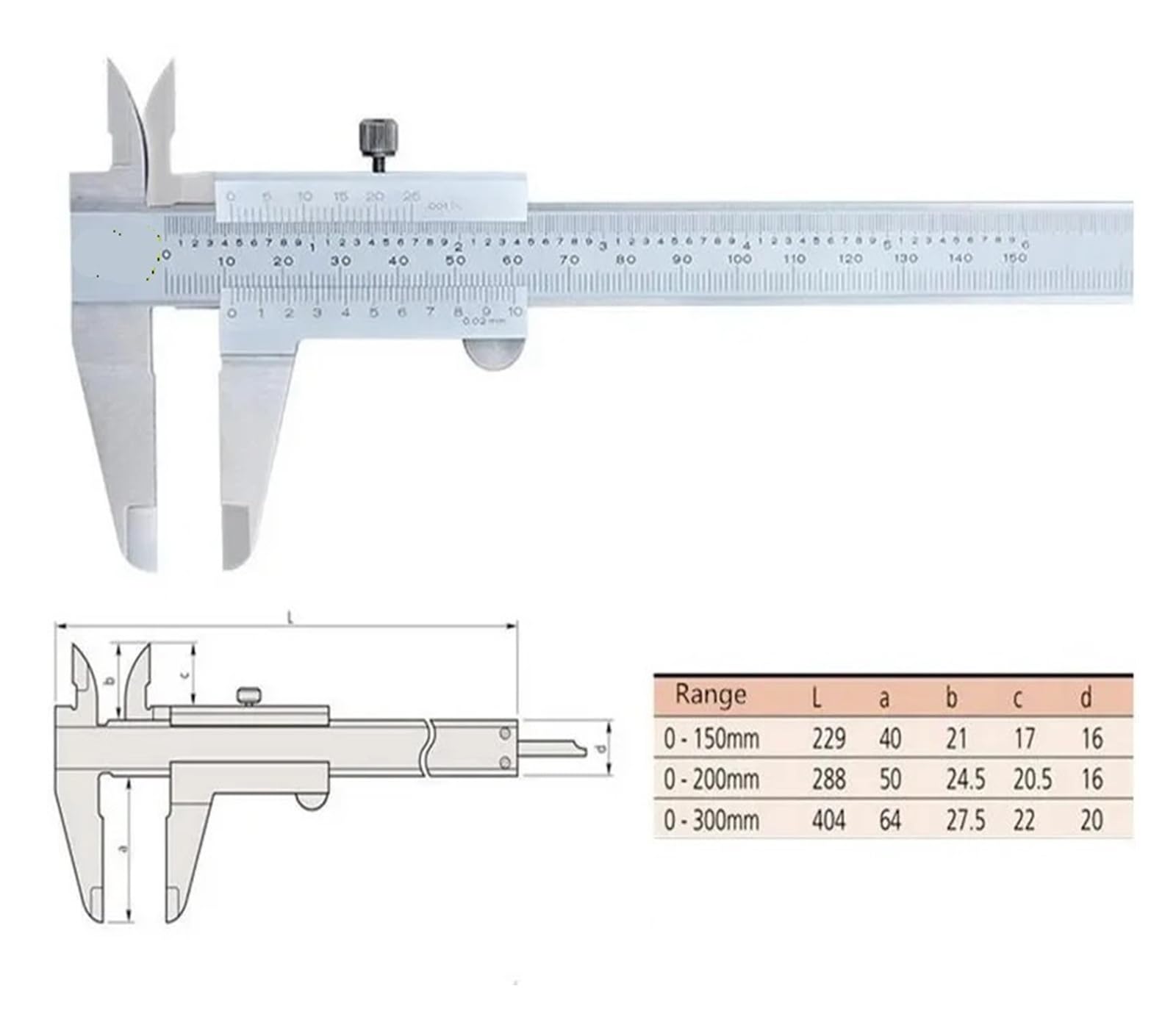 Calibro a corsoio di precisione in Acciaio Inossidabile da 0 a 300 mm, Strumento di misurazione da 0,02 mm