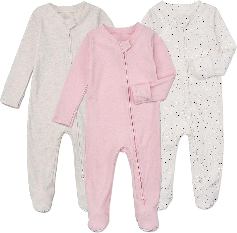 Baby Footie Pajamas Cotton with Mitten Cuffs, Double Zipper