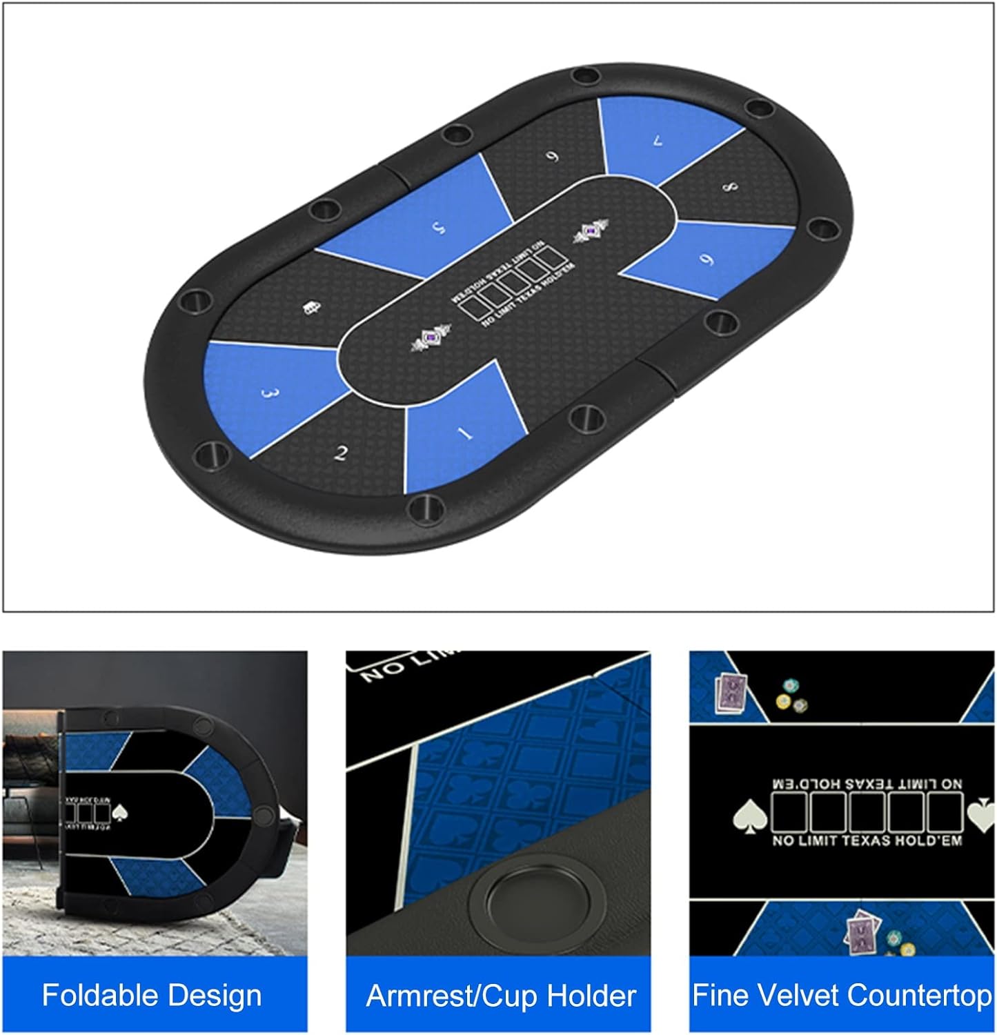 Folding Poker Table Top 78inch x 39inch Oval Card Table with Cup Holders for 10-Players, Casino Texas Poker Mat for Patio Garden Indoor Outdoor Game (Color : Blue)
