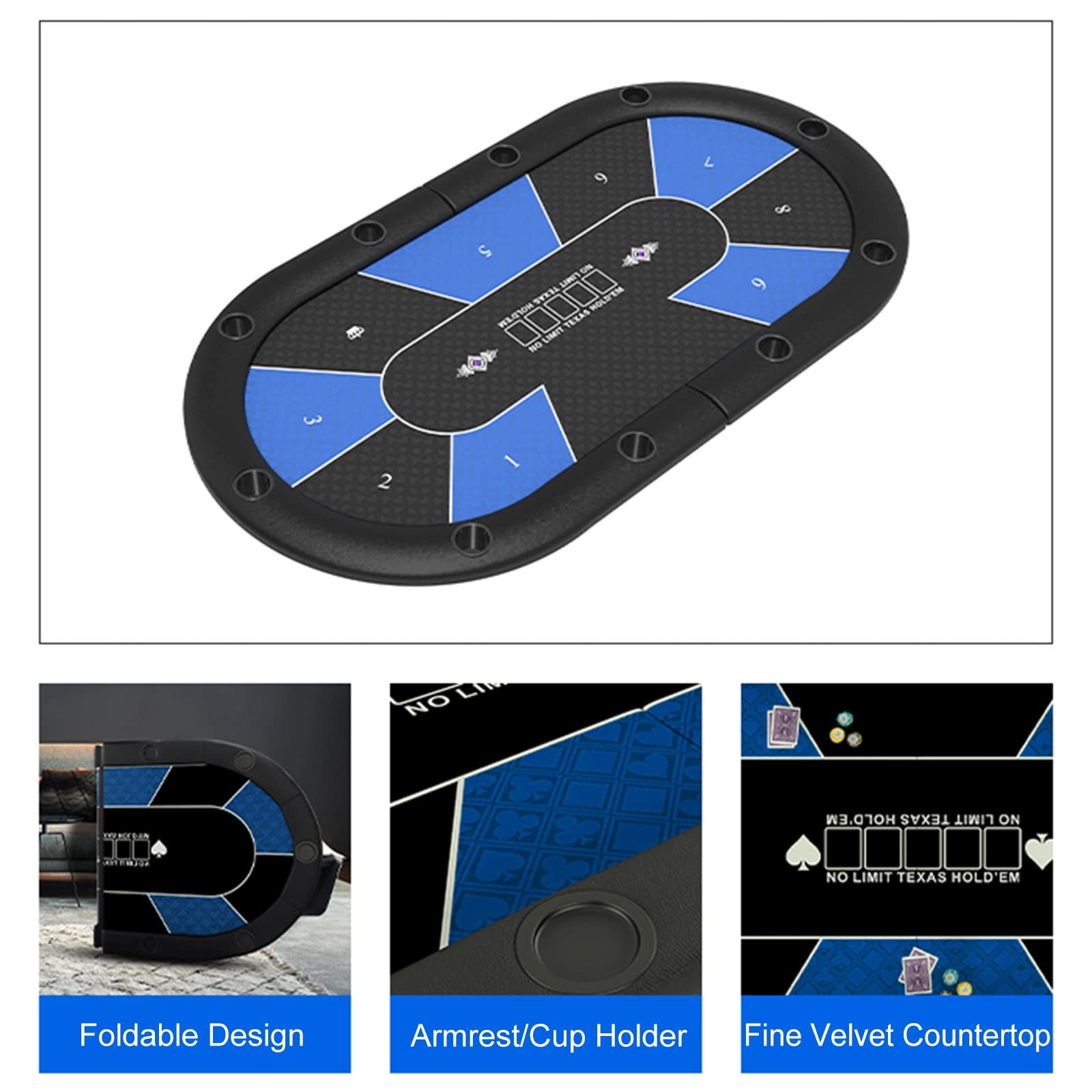 Folding Poker Table Top 78inch x 39inch Oval Card Table with Cup Holders for 10-Players, Casino Texas Poker Mat for Patio Garden Indoor Outdoor Game (Color : Blue)