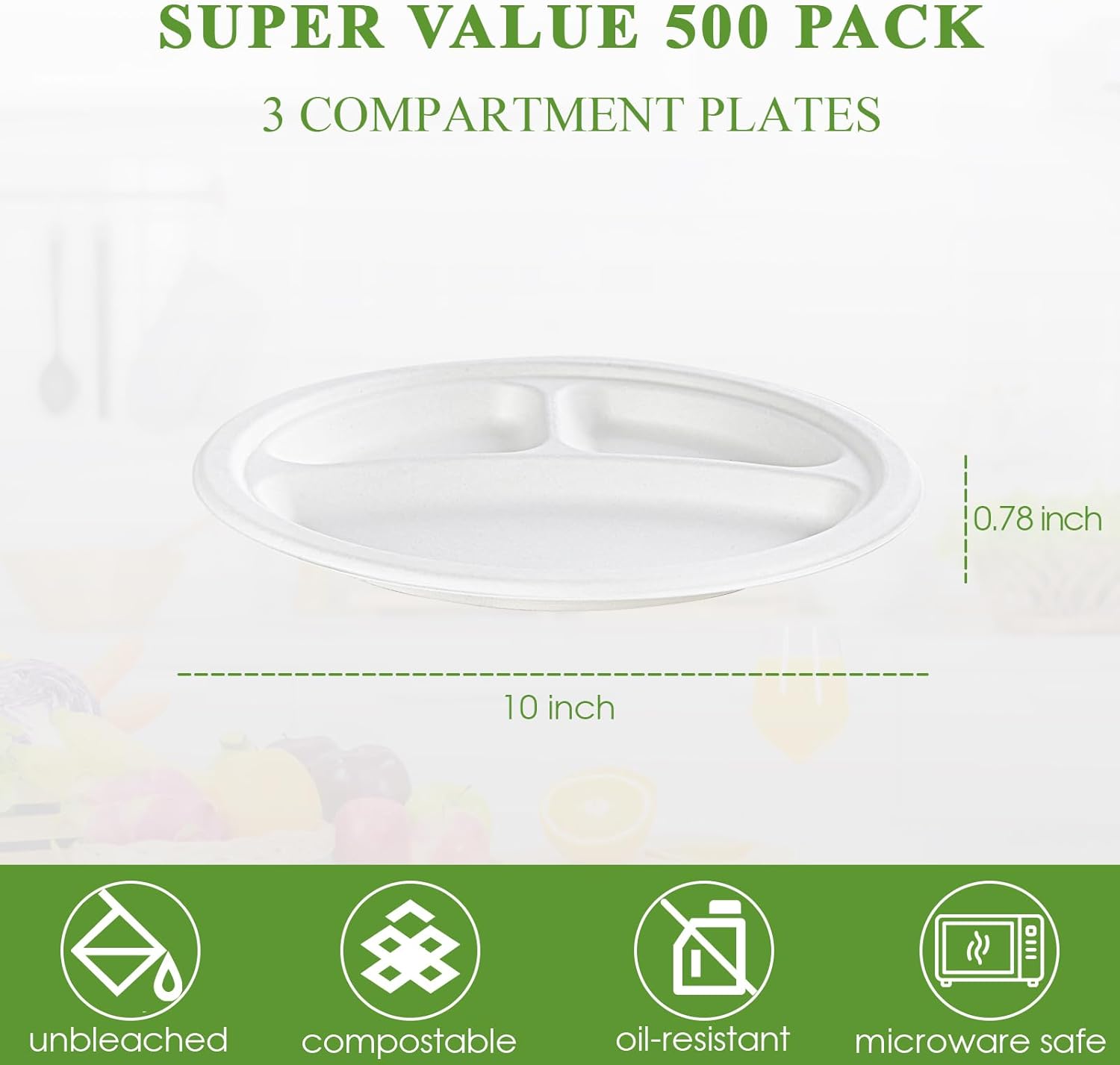 Vplus 100% Compostable Paper Plates, 500 Pack 10 Inch 3 Compartment Plates Disposable, Heavy Duty Biodegradable, Made of Sugar Cane Fibers, for Daily meals, Dinner, Parties, BBQ