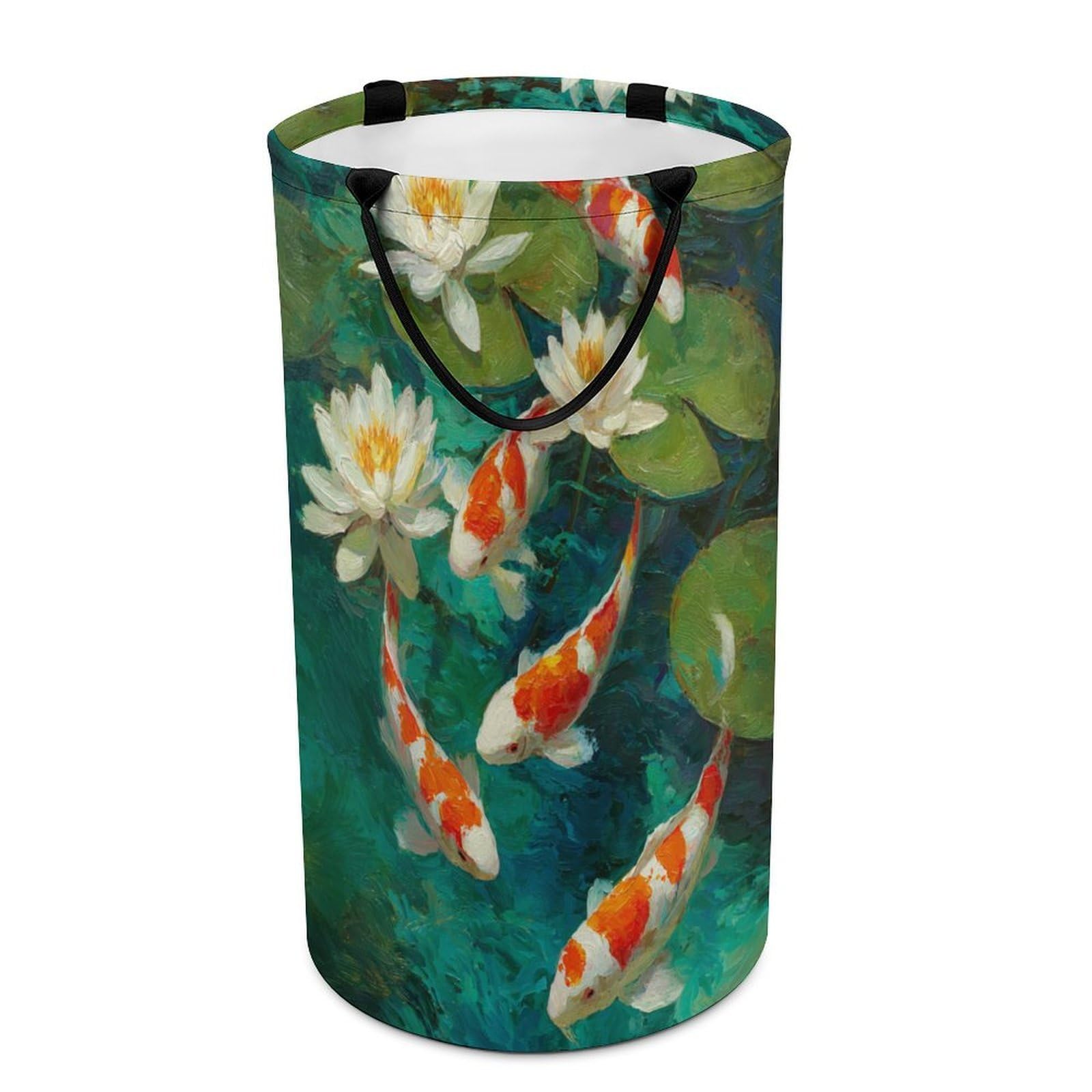 LUYYSKY Rustic Abstract Japanese Fish Versatile Storage Laundry Basket, Classic Watercolor Botanical Plant Lotus Flowers Leaves Animal Fish Large Bathroom Hamper With Handle-40 CM Dia, 69 CM High