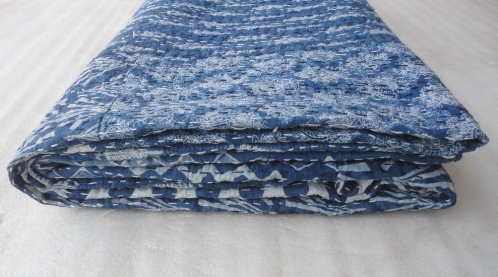 Indigo Blue Bedspread King Size Hand Block Print Machine Stitch, 90 X 108 Inches