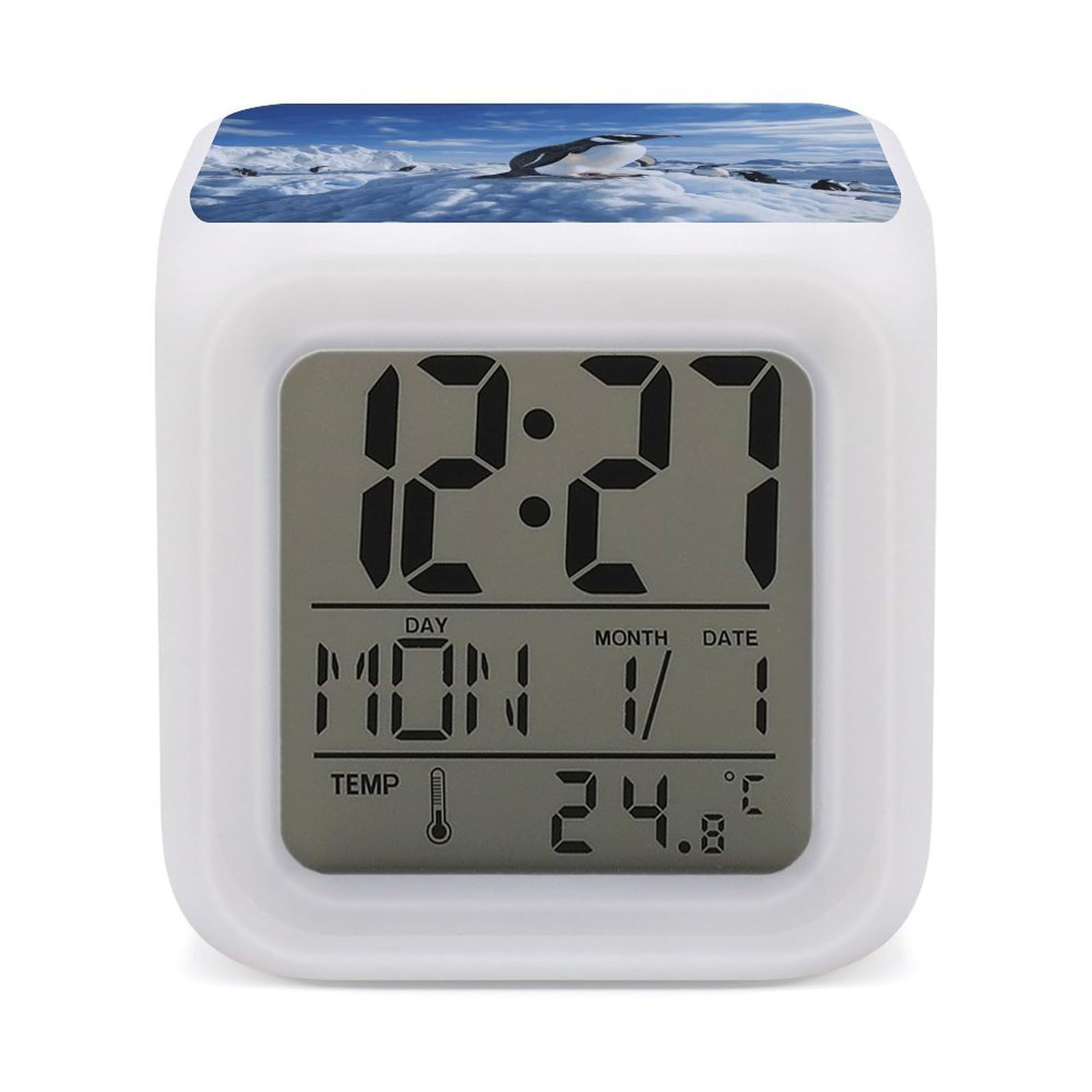 FekiLoot Snow Mountain Penguin Alarm Clock for Heavy Sleepers Wake Up Digital Clock with 7 Color Changing Night Light Super Loud Digital Alarm Clocks Small Machine Alarm Clocks