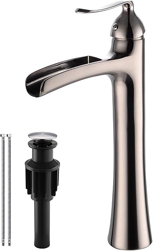 Wovier - Grifo monomando para lavabo (níquel cepillado, con mangueras de suministro y desagüe, monomando de un solo agujero, llave para lavabo,