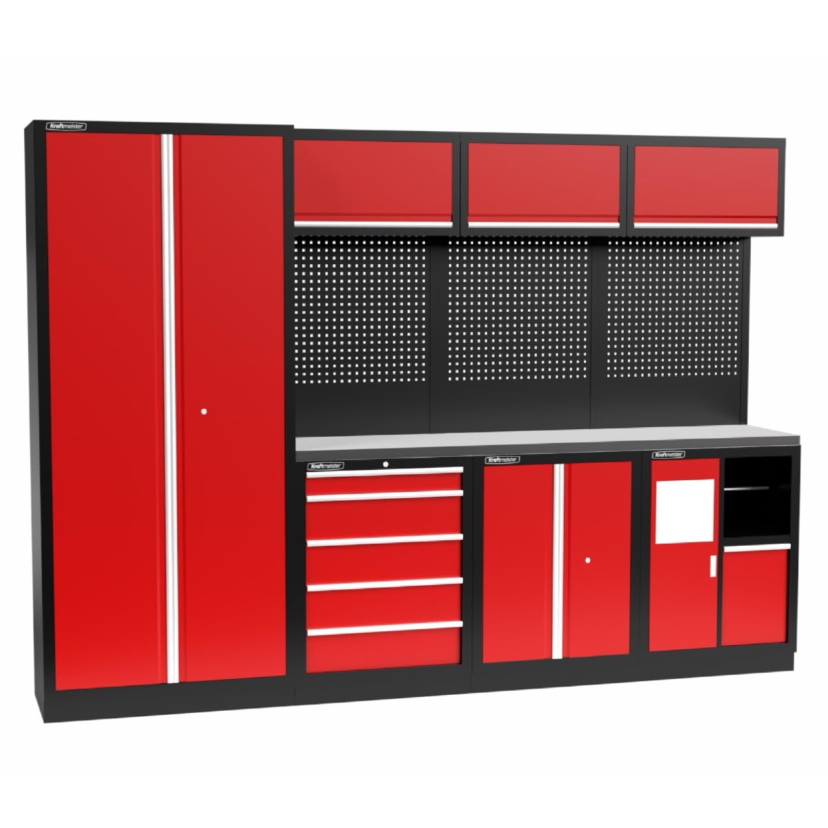 Werkstatteinrichtung - Männerküche mit 5 Schubladen, 5 Schränken und 1 Abfalleimer mit Papierrollenhalter - Werkzeugschrank, Garage - modulares Werkbank mit Edelstahl Arbeitsplatte - Rot