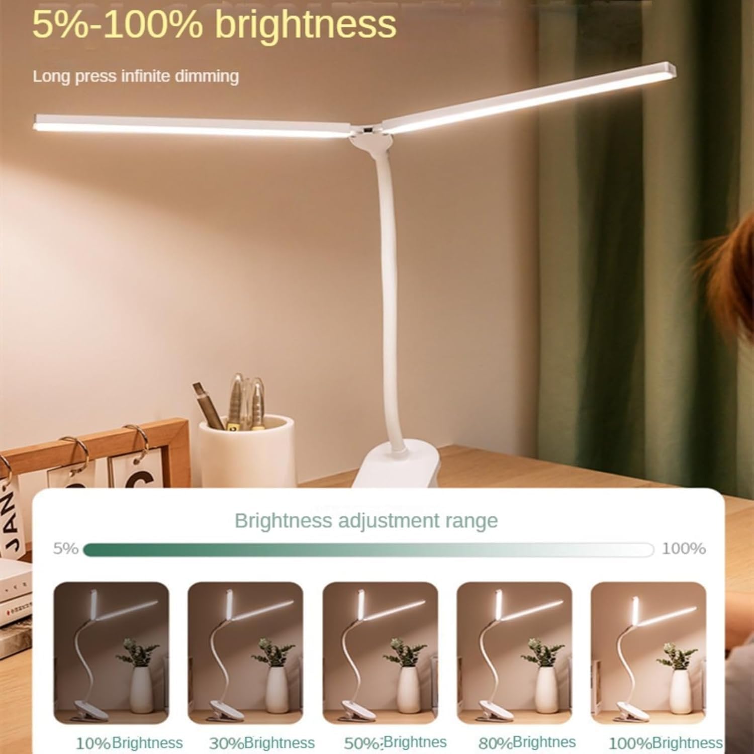 Lampada da scrivania a LED, a doppia testa, regolabile, con 30 modalità dimmerabili, ricaricabile con clip, per casa, ufficio e studio