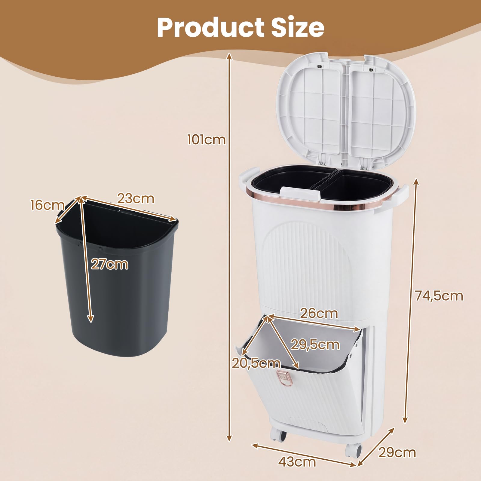 GIANTEX kosz na śmieci do kuchni 3 komory, system segregacji odpadów z 2 x 12 l koszem wewnętrznym i 14 l koszem na śmieci z pedałem, kosz na śmieci na kółkach, kosz na śmieci z pokrywą i pedałem
