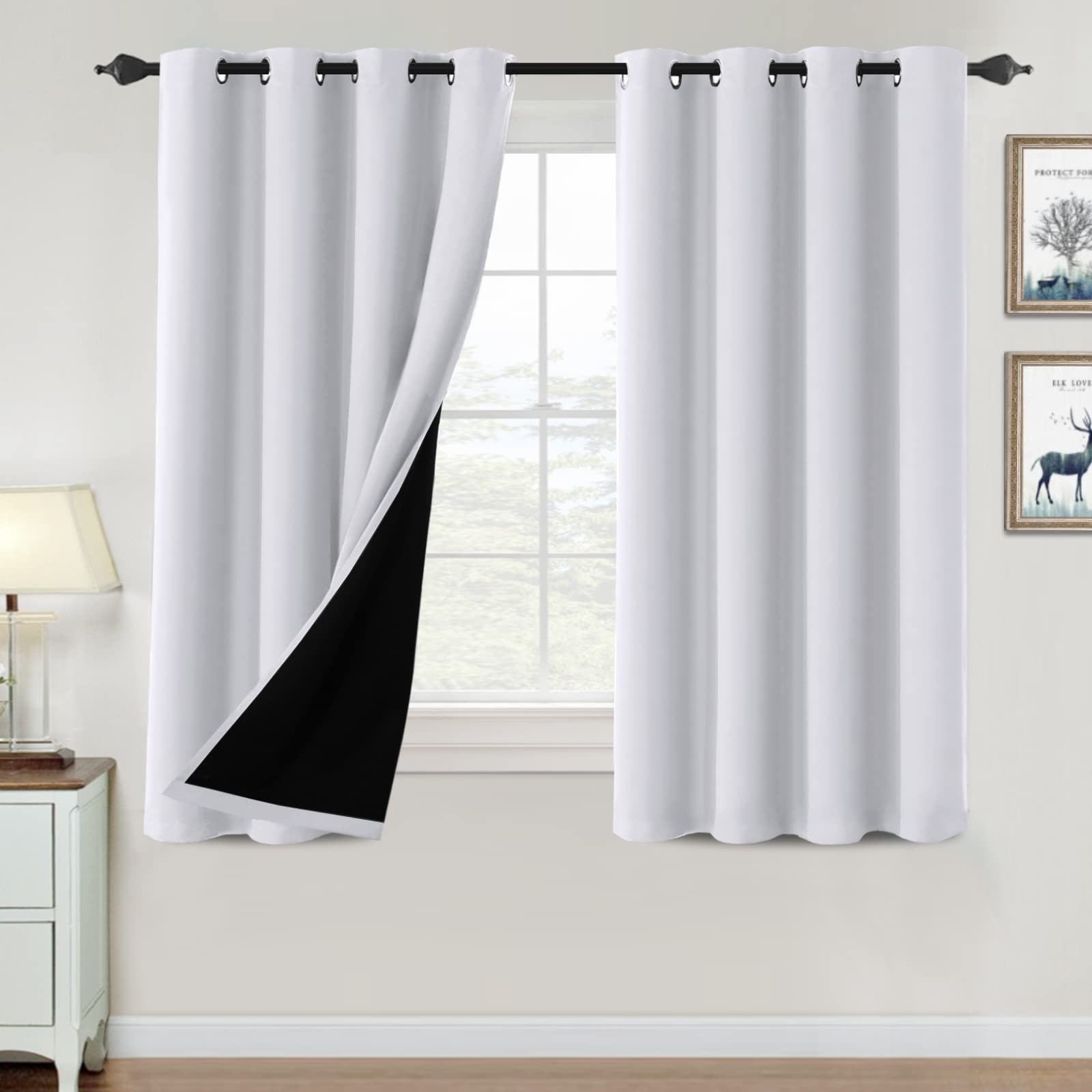 H.VERSAILTEX 100% Blackout Curtains for Bedroom Thermal Insulated Blackout Curtains 54 inch Length Heat and Full Light Blocking Curtains for Living Room with Black Liner 2 Panels Set, Bleached White