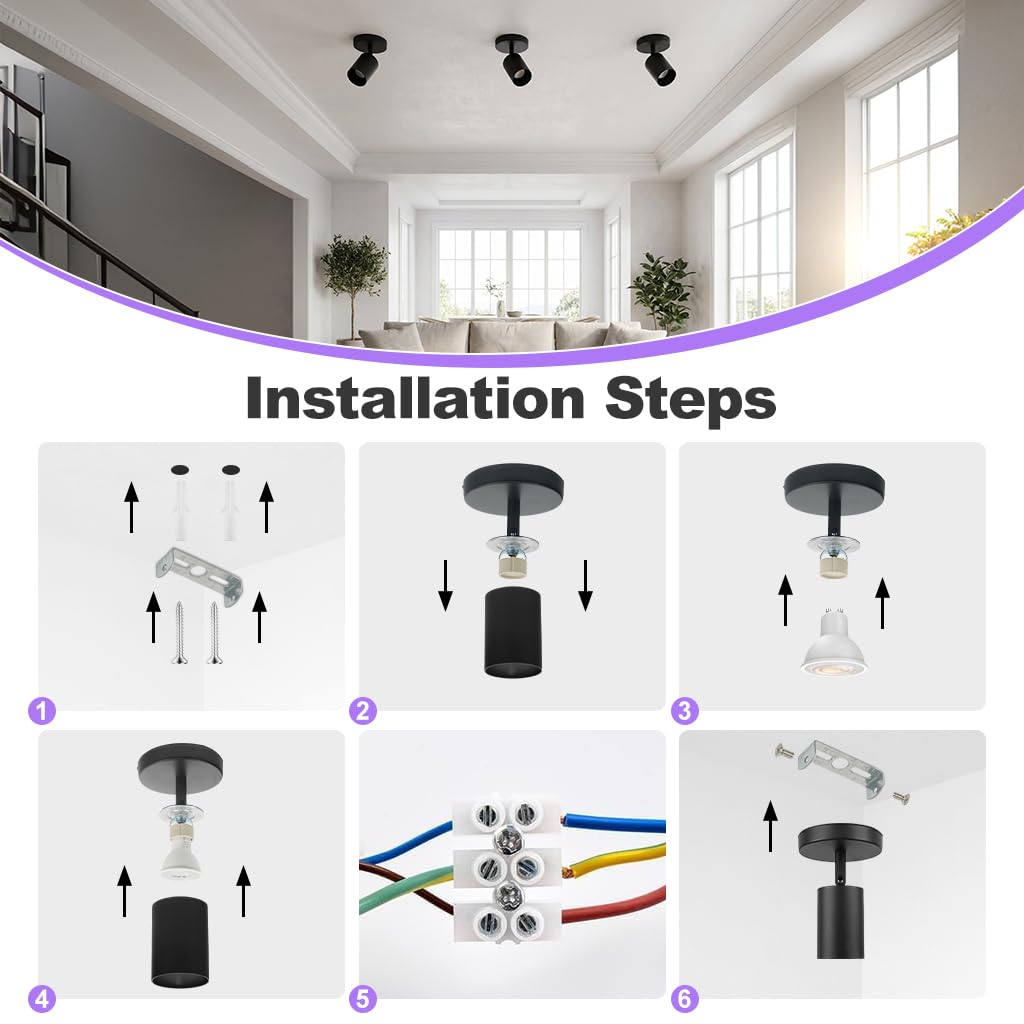Faretto orientabile 4 pezzi senza lampadina GU10, lampada da parete interna, faretto da parete, faretto da soffitto, faretto da soffitto nero opaco girevole 350°/90° per soggiorno, cucina