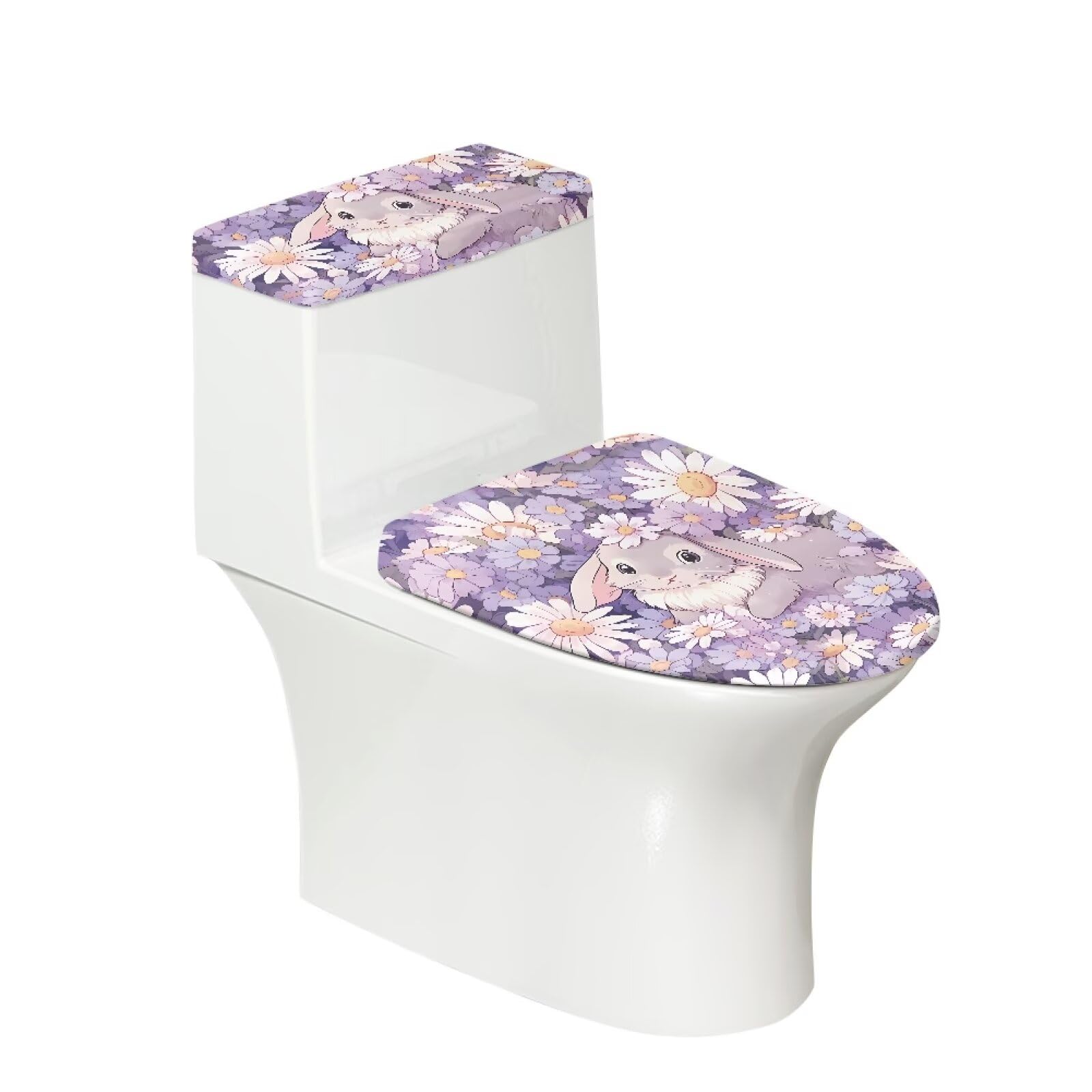 Gzzxiailg Rabbit Daisy Toilet Lid Dust Cover and Toilet Tank Lid Cover Anti-Slip Elastic Edge Toilet Lid Covers for Bathroom Accessories Decor Not Easy to Fade and Not Easy to Pilling