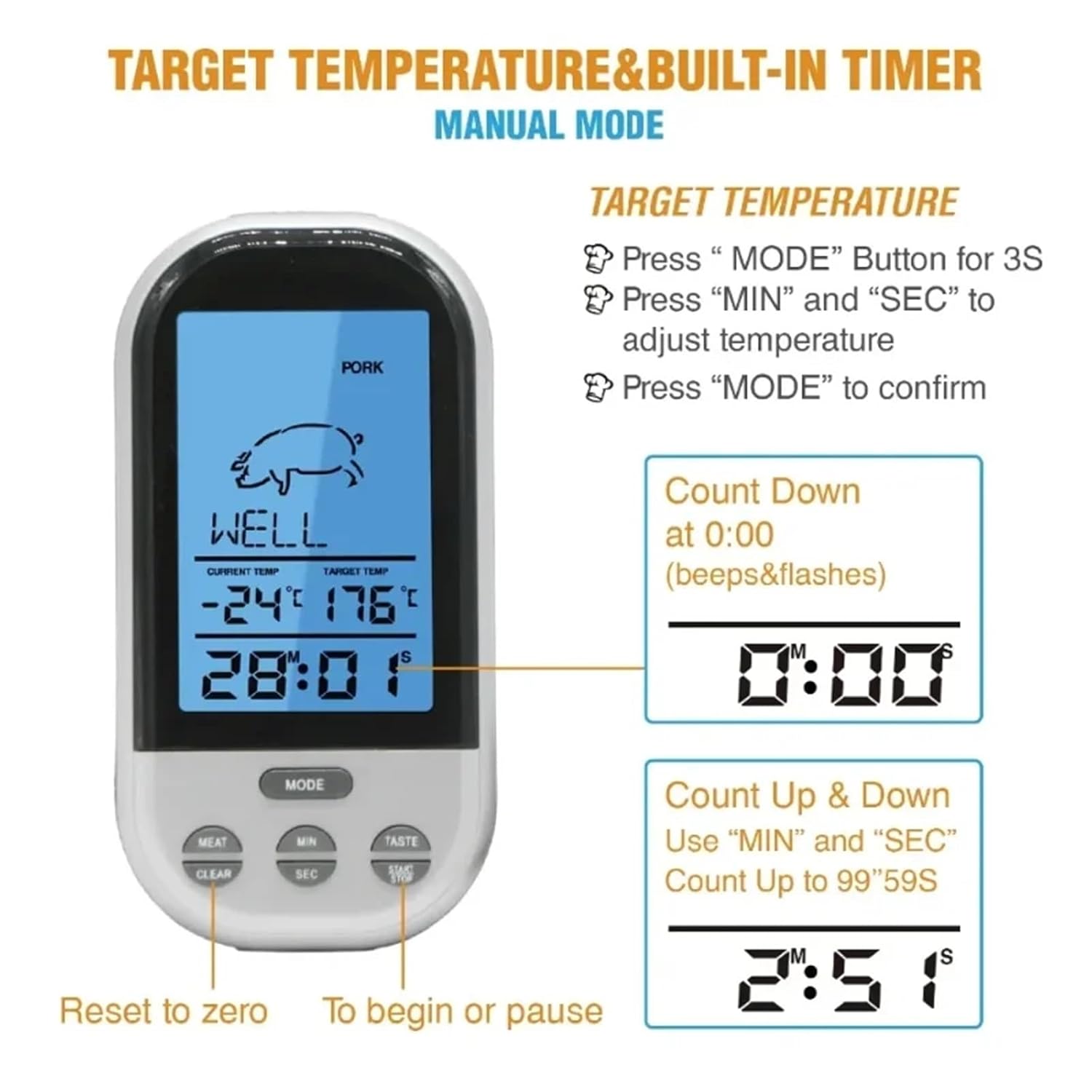 Meat Thermometers LCD Digital Probe Remote BBQ Grill Kitchen Thermometer Home Cooking Tools with Timer Alarm(Silver with ash)