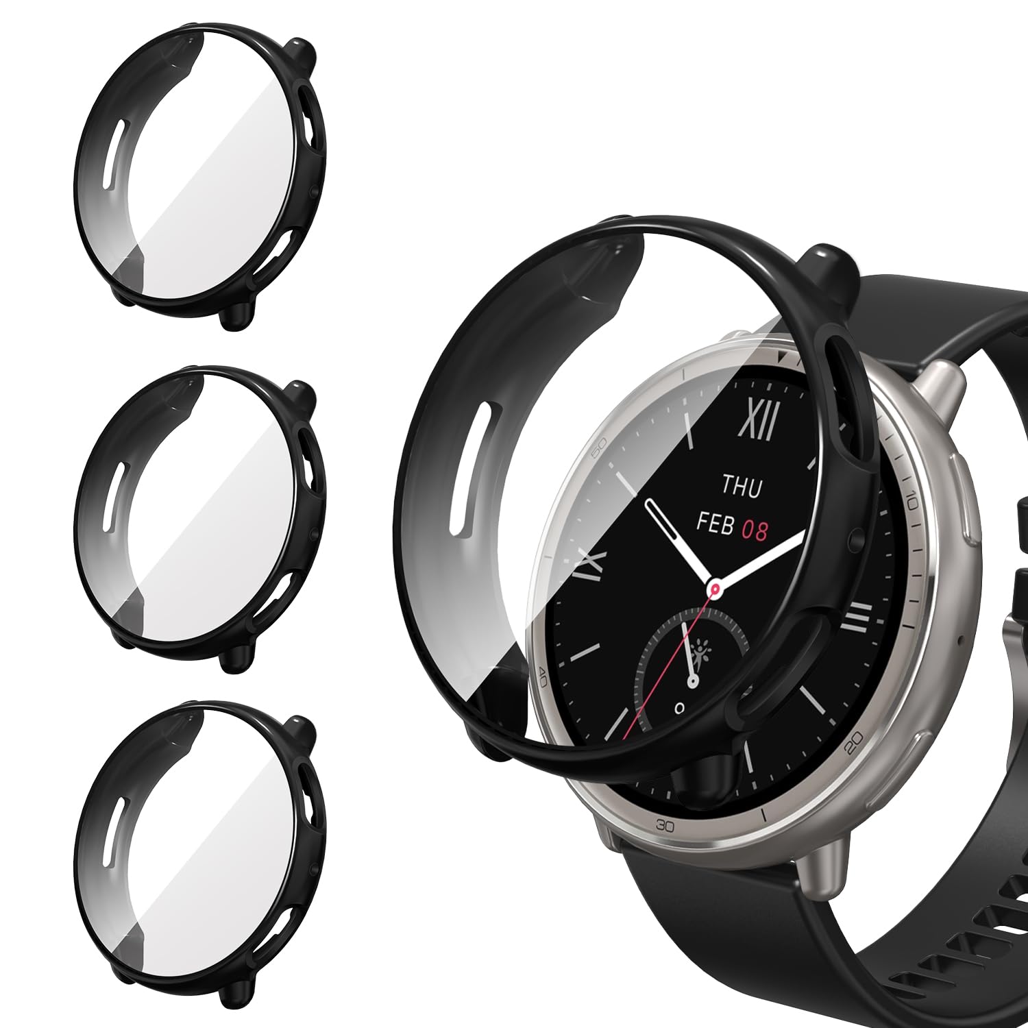 ivoler 3 Piezas Funda con Protector de Pantalla para Amazfit Active 2 (Round Edition), Protección Completa Carcasa Protectora Delgado Suave TPU Anti-Arañazos Case, Negro