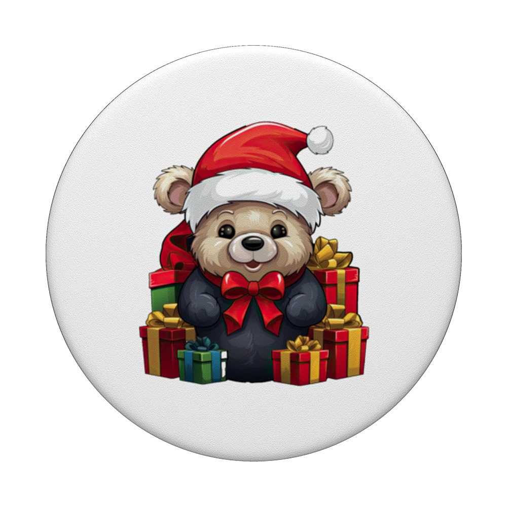 Teddy Bear Santa Claus Hat Christmas Pajama Xmas Party Kids PopSockets Swappable PopGrip, Black - Image 3