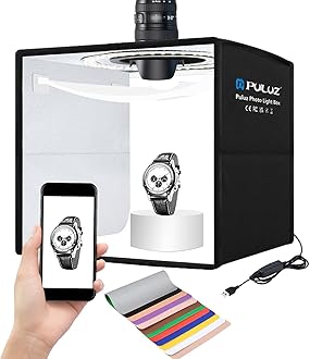 PULUZ 10x10 inch Photo Light Box,Folding Portable Mini lightbox 104PCS LED Light CRI≥95 12 Colors Photography Backdrops for Jewelry Watches Small Item Photo Studio Shooting Tent Box