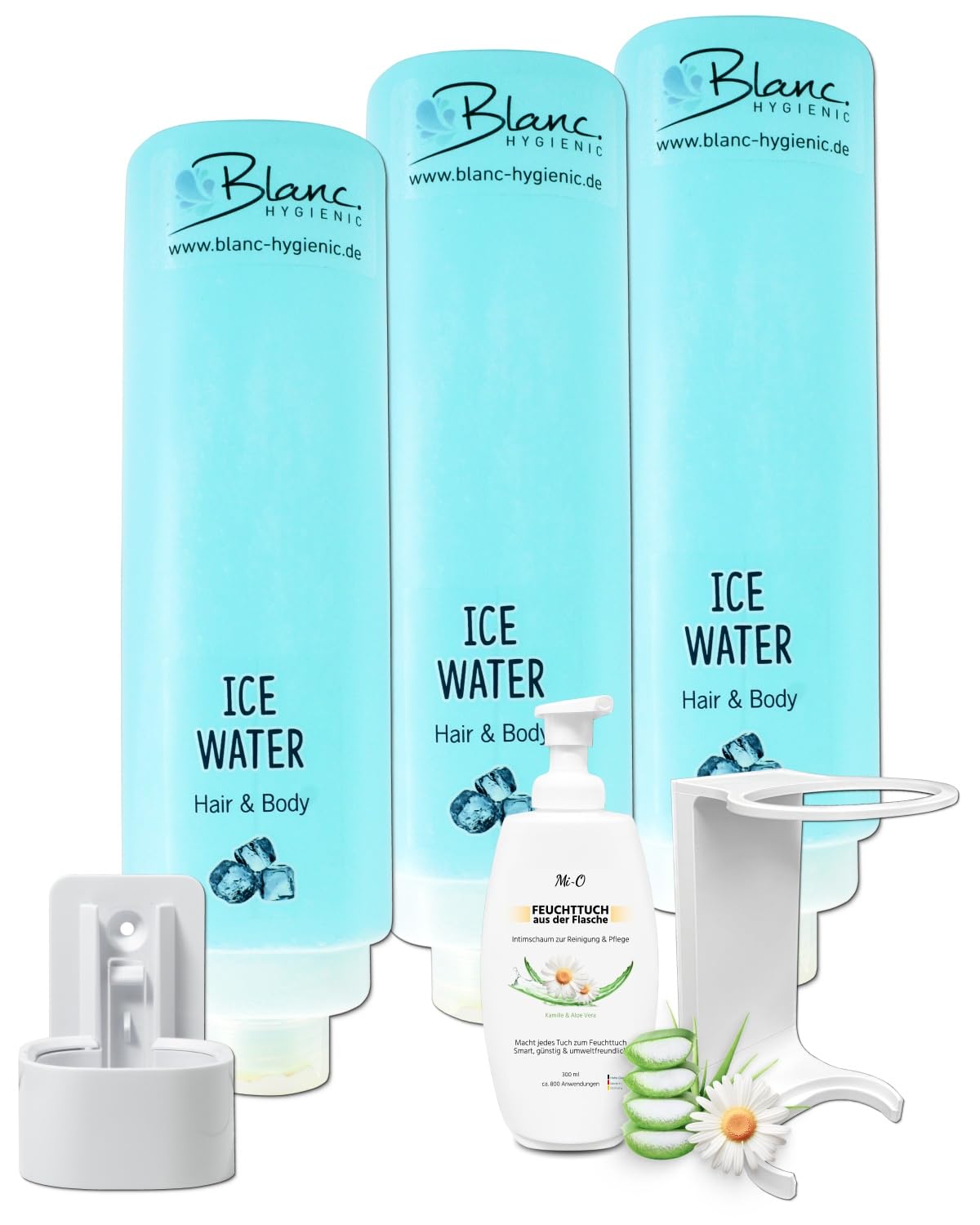 KOMPLETTSET Duscherlebnis Fresh Mint Hotelserie Weiß | 12x425 ml Hair & Body, 300 ml Intimpflegeschaum, 5 Halter, Aloe Vera & pH-neutral