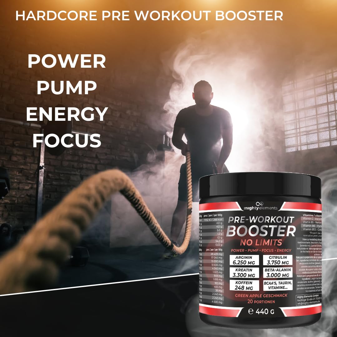 Mighty Elements Pre-Workout Booster No Limits Pulver, Arginin 6.250 mg, Citrullin 3.750 mg, Kreatin 3,3 g, Beta-Alanin 3 g, Koffein 248 mg, Green Apple Geschmack, 20 Portionen, 440 g