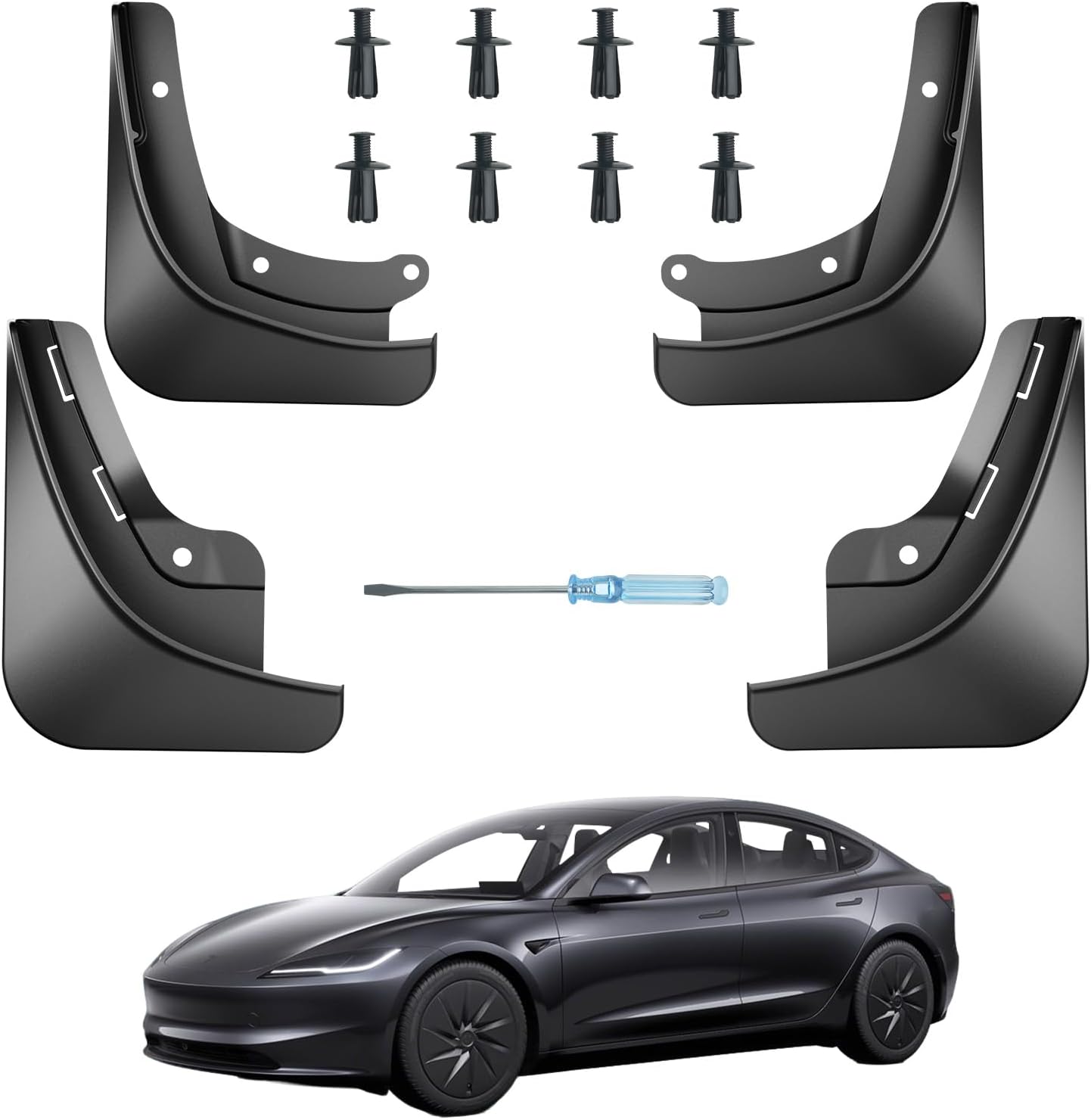 Mud Flaps for New Tesla Model 3 Highland 2024 2025 Fender Accessories, All-Weather Front and Rear Splash Guards 4PCS, PP Plastic Heavy-Duty Mudflaps, Maximum Rock & Mud Protection