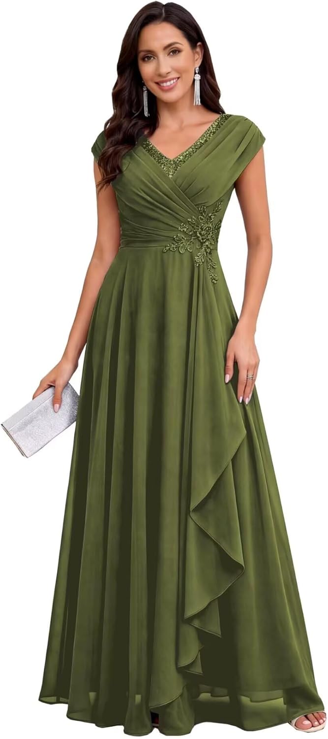 Pleated Mother of The Bride Dresses for Women Chiffon Sequin with Lace Appliques Formal Evening Dress