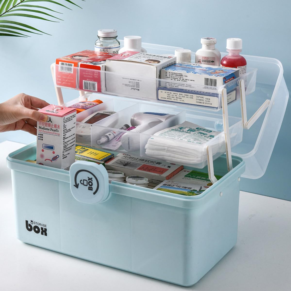 OSALADI Botiquín de Primeros Auxilios Portátil Grande de Plástico Azul | Asa, Hebilla Giratoria, para Casa y Exterior, Organizador Compacto de Medicamentos
