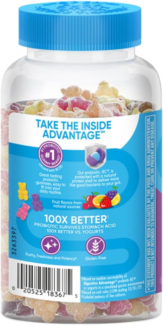 Digestive Advantage 3-in-1 Natural Fruit Flavors Probiotic Gummies for Women & Men Occasional Bloating, Minor Abdominal Discomfort & Gut Health, 60 Count Gummies (3 Pack)