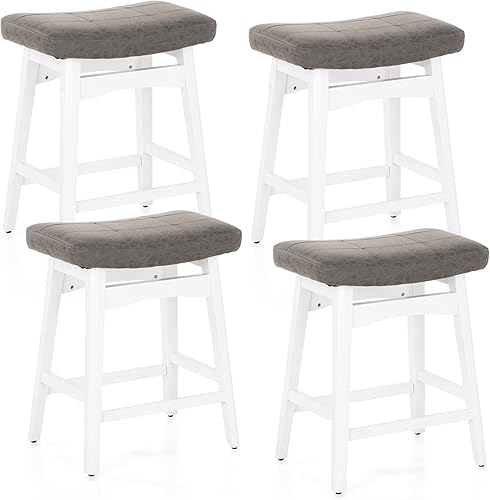 Miniatura 4 de MAISON ARTS Juego de 4 taburetes de bar blancos para encimera de cocina, patas de madera maciza con asiento de silla de montar de piel sintética,