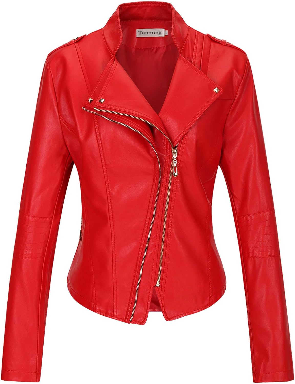 Tanming Women's Faux Leather Moto Biker Short Coat Jacket D Red16 Small