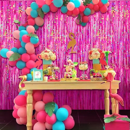 Image of 4 Packs Hot Pink Foil Fringe Curtain, Pink Glitter Metallic Tinsel Backdrop for Birthday, Wedding, Baby Shower, Bachelorette Cowgirl Princess Party Decorations Supplies