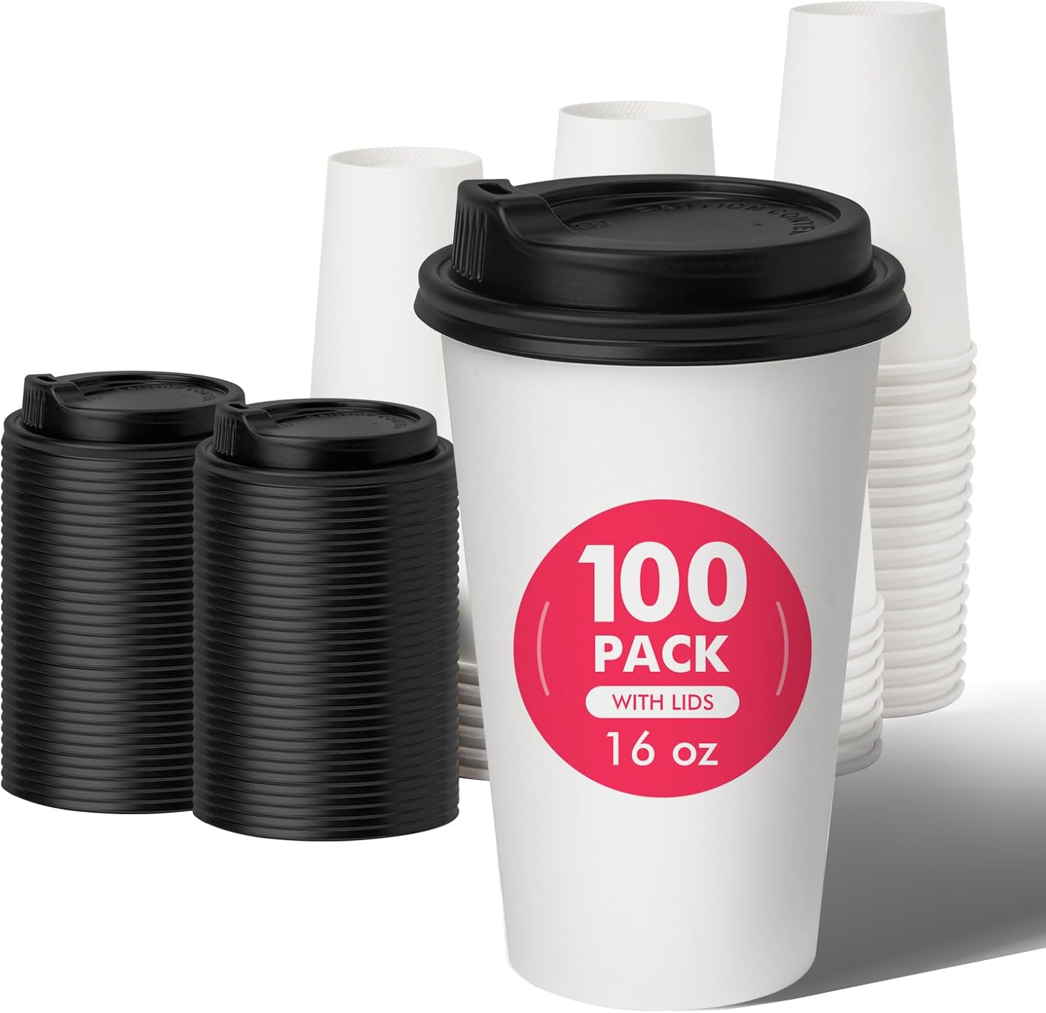 RACETOP 16 oz 100 Pack Disposable Paper Coffee Cups with Lids, Paper Cups with Lids, Hot Cups for Home/Office 16 oz 100 pack +lids