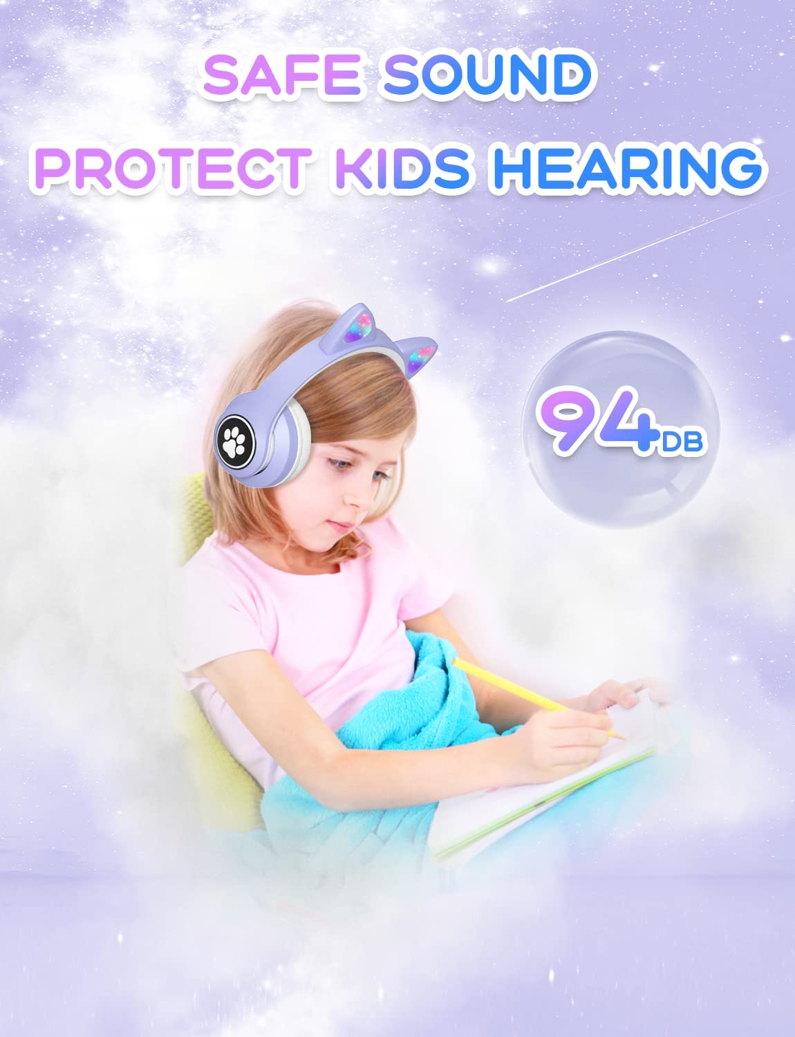 VuyKoo Cuffie Bluetooth per bambini con microfono/illuminazione LED, Cuffie Wireless limitatore 85dB, Cuffie On-Ear pieghevoli per Smartphone/scuola/scrivania/PC/Kindle (Viola)