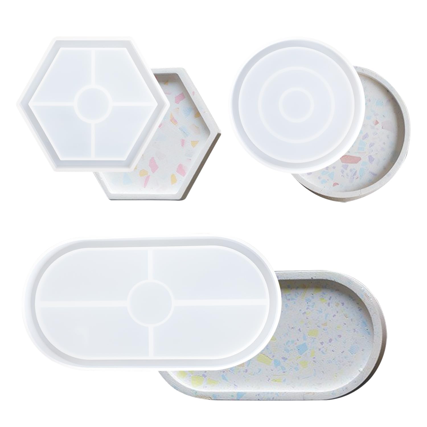 3Pcs Resin Tray Moulds - Silicone Moulds for Casting Round, Oval, Hexagon Epoxy Resin Molds for Coaster, Tea Tray Making