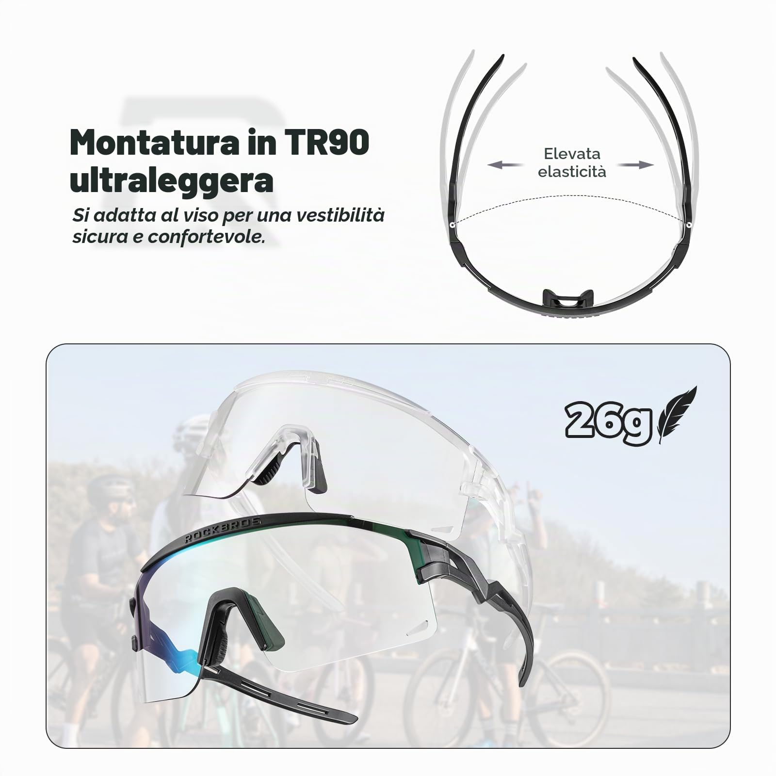 ROCKBROS Occhiali da Ciclismo, Occhiali Fotocromatici Polarizzati Bicicletta, Occhiali da Sole Sportivi, Occhiali MTB per Bici, Corsa, Pesca, Uomo e Donna