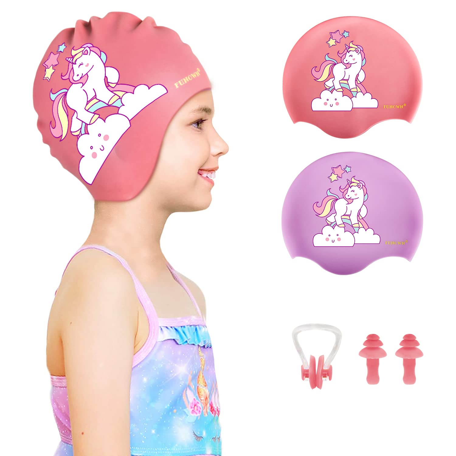 FUNOWN Bonnets De Bain Imperméables Pour Enfants, Garçons Et Filles âgés De 2 à 8 Ans, Bonnets De Bain Imperméables Pour Cheveux Longs Et Courts (rose