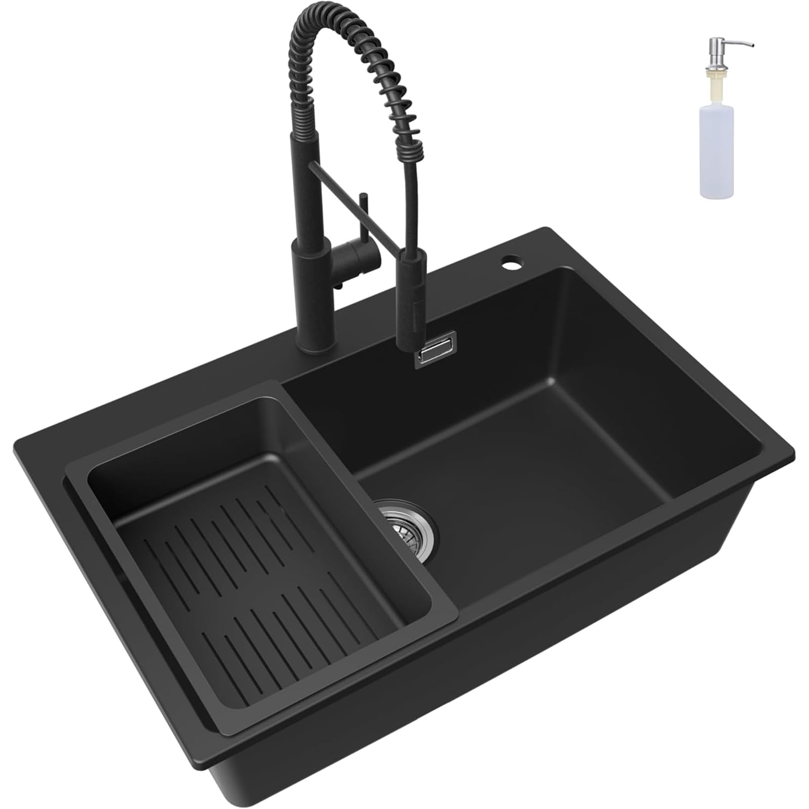 CECIPA Évier Granit Noir 70x45Cm Grand Bac, Robinet Avec Douche Extractible, Encastrable Pour Meuble 80Cm, Ensemble Vidange Inclus