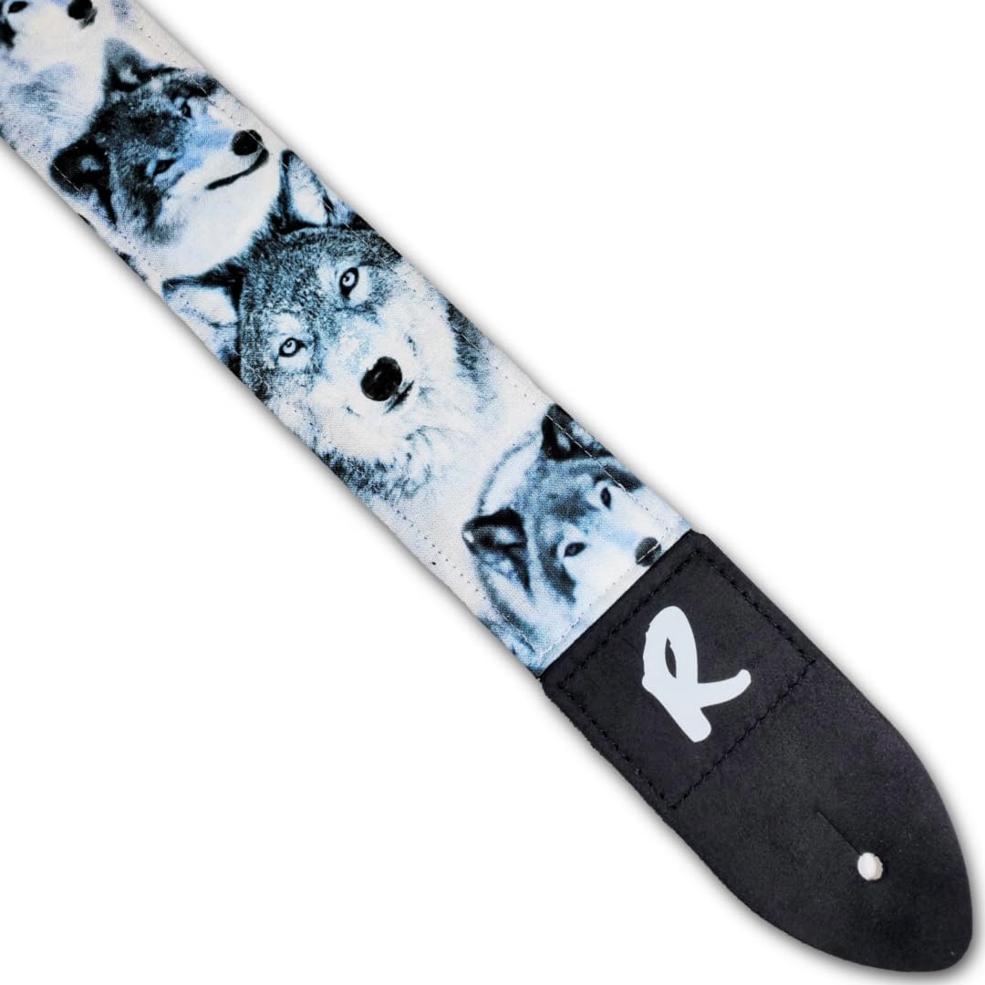 Wolf Guitar Strap -Wolf Face Guitar Strap, Genuine Leather Ends, Includes 2 Strap Locks & 1 Pick. Adjustable Strap, For Bass, Electric & Acoustic Guitars Gift for Guitar Players