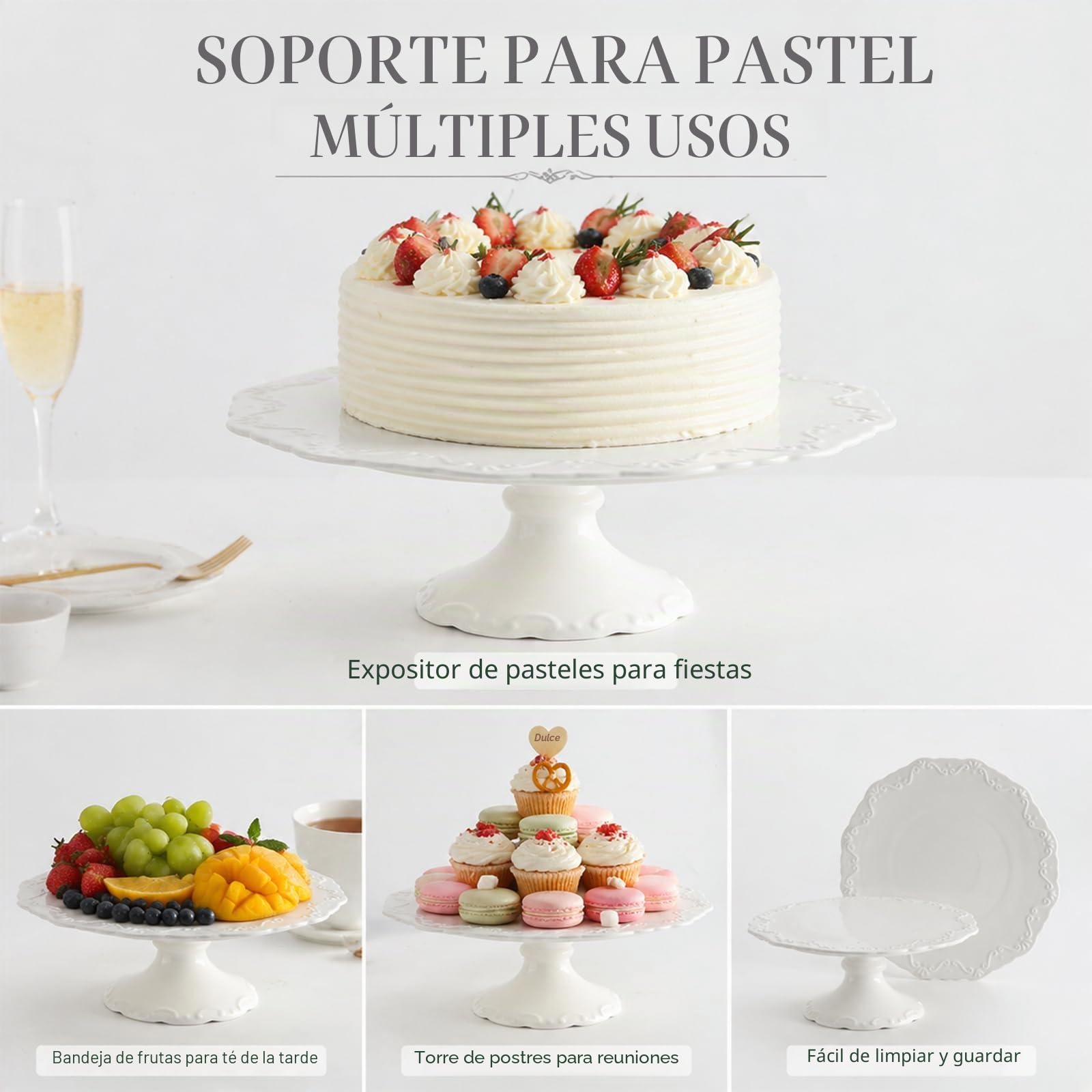 Soporte Para Pasteles De Porcelana Blanca De 12 Pulgadas (30cm), 1 Pieza Elegante Soporte Europeo Con Relieve Y Base Alta, Apto Para Lavavajillas, Ideal Para Tarta