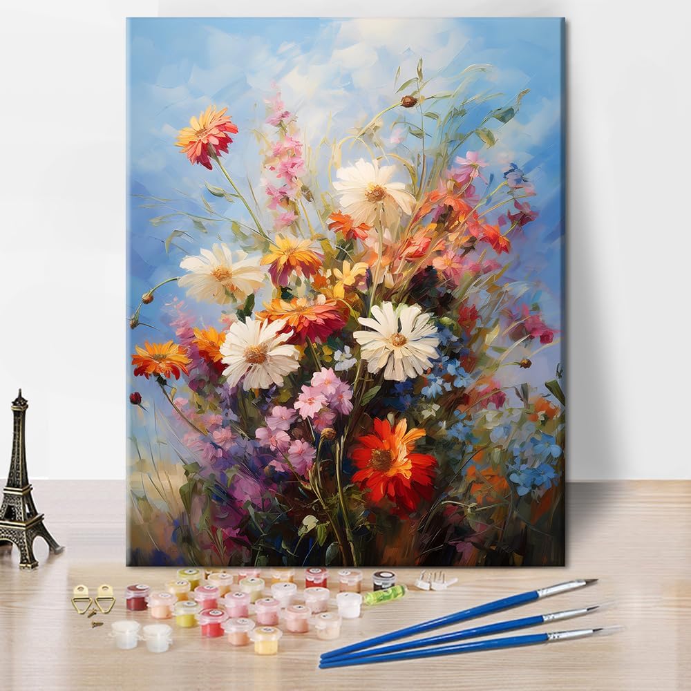 TUMOVO Painting by Number Kits On Canvas, Flowers DIY Acrylic Painting Kit, Paint by Numbers for Adults and Kids Beginner, Ideal Gift Choice for Easter Day - 16x20inch Frameless
