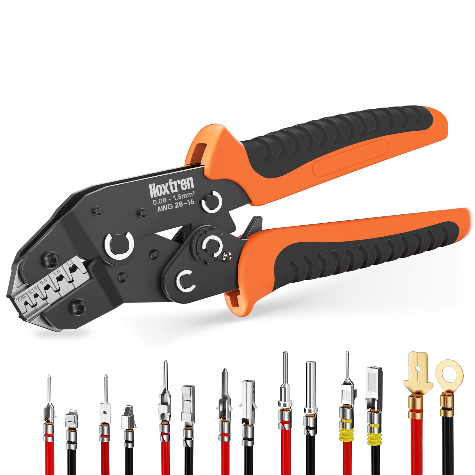 Herramienta de crimpado de alambre 5 en 1, crimpadora de trinquete AWG 28-16 para terminales de barril abierto no aislados, se adapta a conectores de cable automotrices Deutsch, Delphi, AMP