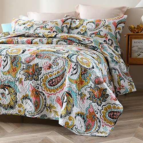 Visimisi Cotton Bedspread Quilt Sets Reversible Bedding Coverlet Sets Comforter Paisley Floral Bedspread (White Paisley Floral, King Size) #TOP3