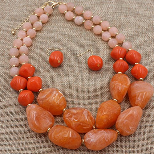 Shineland 2 Layer Jelly Colored Acrylic Handmade Statement Strand Chunky Beaded Fashion Necklaces And Earring (Style # 1 Orange) #TOP1