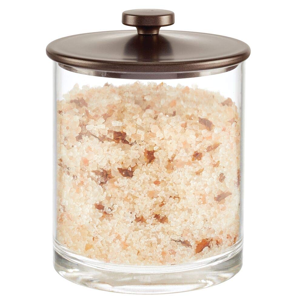 mDesign Plastic Round Bathroom Vanity Countertop Storage Organizer Apothecary Canister Jar for Cotton Swabs, Rounds, Balls, Makeup Sponges, Bath Salts - Clear/Bronze