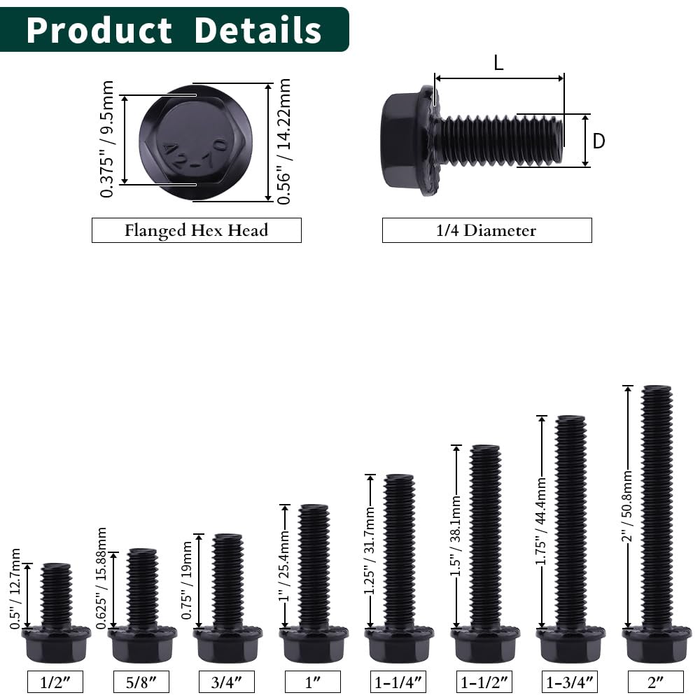 25-Pack 1/4-20 X 1 Inch Stainless Steel Hex Cap Serrated Flange Bolts With Nuts