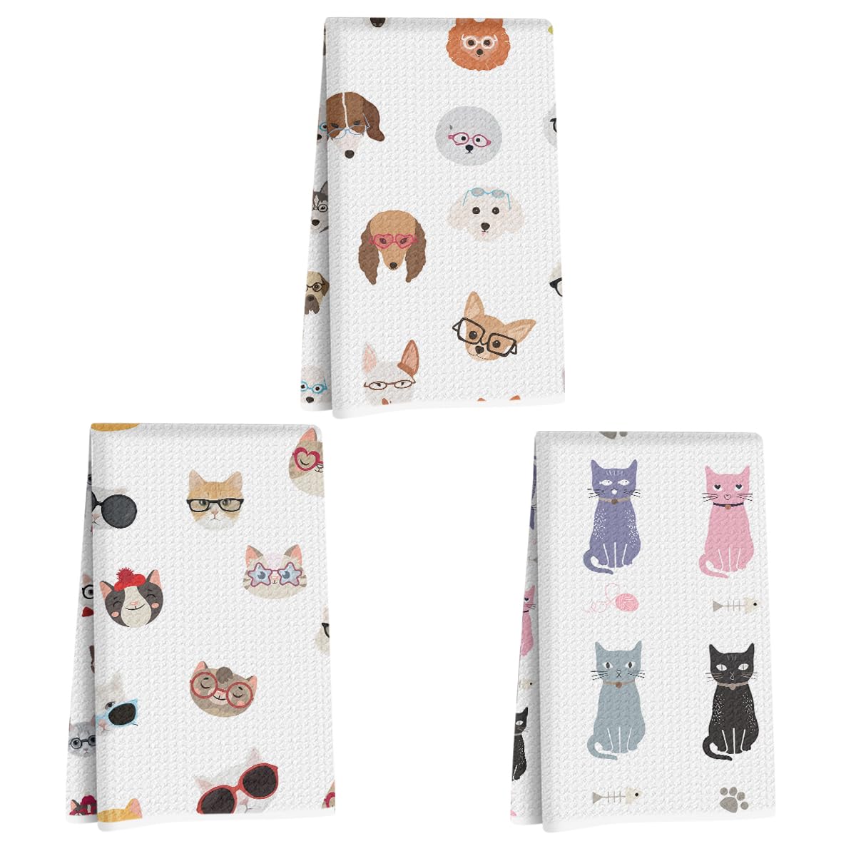 3Pcs Funny Cat Kitchen Towels, Dog Waffle Weave Dish Towels for Kitchen Bathroom Farmhouse Decor, Absorbent Microfiber Tea Cloth Hand Towel, Cat Gifts
